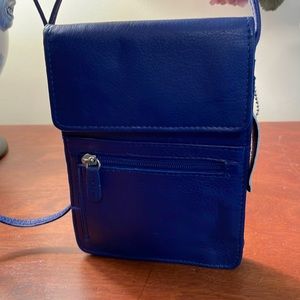Pretty blue shoulder “bag of pockets and slots”.  New
